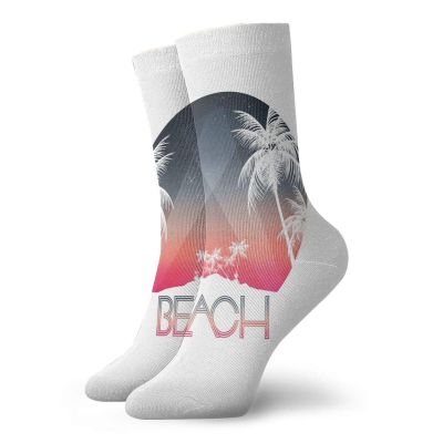GULTMEE Beach Funky Colorful Cushion Sport Socks,Beach Party Tropical Island And Palm,Athletic Cushioned Running Performance Crew Socks For Men/Women,Multicolor -12 inch
