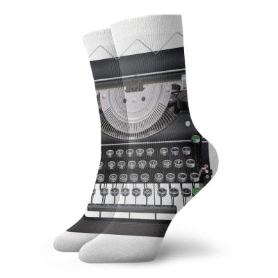 Typewriter Funny Compression Socks Women and Men,Digitally Generated Illustration Of Antique Device,Best for Circulation,Running,Athletic,Nurse,Travel,Dark Blue Grey Fern Green And Pale Taupe -12 inch