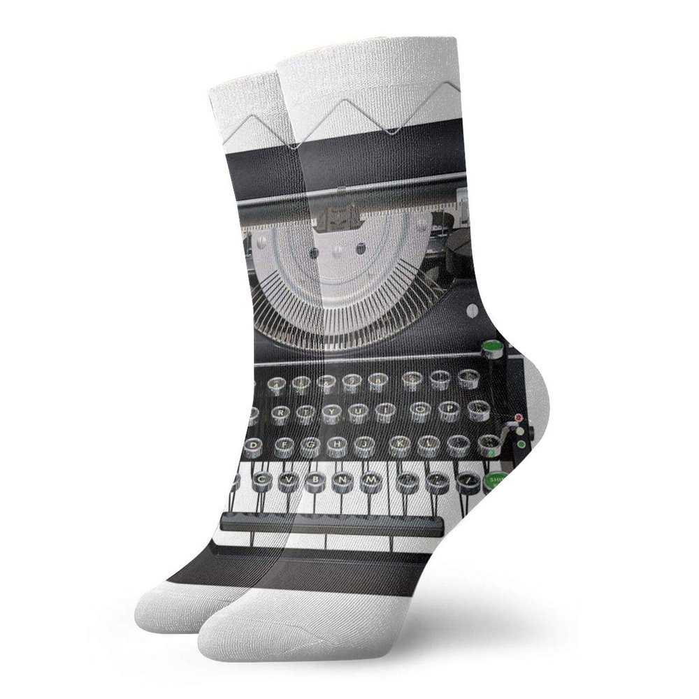 Typewriter Funny Compression Socks Women and Men,Digitally Generated Illustration Of Antique Device,Best for Circulation,Running,Athletic,Nurse,Travel,Dark Blue Grey Fern Green And Pale Taupe -12 inch