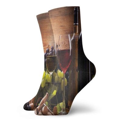 GULTMEE Wine Funky Colorful Cushion Sport Socks,Glasses of Red and White Wine,Athletic Cushioned Running Performance Crew Socks For Men/Women,Brown Ruby Pale Green -12 inch