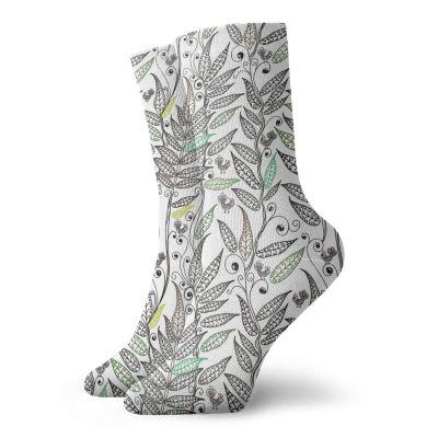 GULTMEE Doodle Funky Colorful Cushion Sport Socks,Natural Composition With Fern Plant Leaves,Athletic Cushioned Running Performance Crew Socks For Men/Women,Black White Green -12 inch
