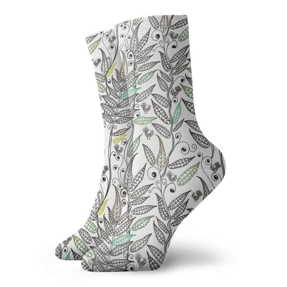 GULTMEE Doodle Funky Colorful Cushion Sport Socks,Natural Composition With Fern Plant Leaves,Athletic Cushioned Running Performance Crew Socks For Men/Women,Black White Green -12 inch