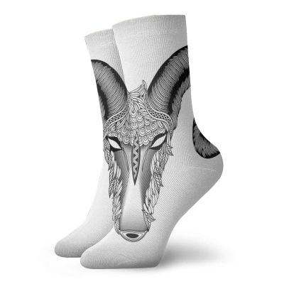 GULTMEE Zodiac Aries Fashion Compression Socks,Head Of Aries Artistic Illustration With,Performance Polyester Cushioned Athletic Crew Socks for Running,Athletic,Black Pale Grey White -12 inch
