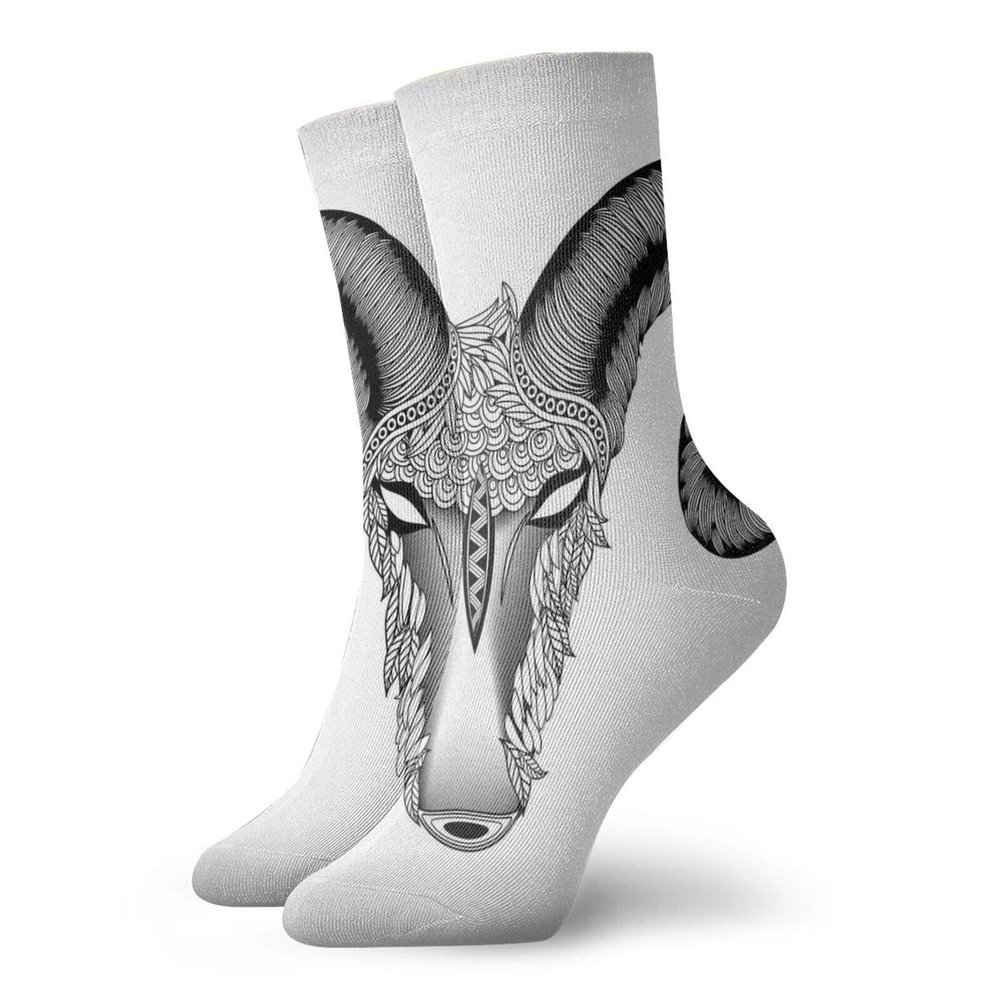 GULTMEE Zodiac Aries Fashion Compression Socks,Head Of Aries Artistic Illustration With,Performance Polyester Cushioned Athletic Crew Socks for Running,Athletic,Black Pale Grey White -12 inch