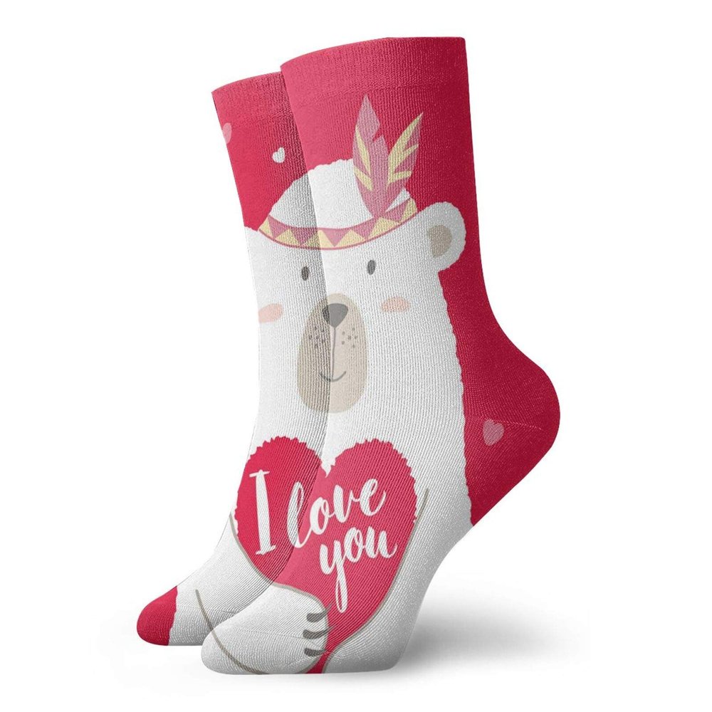 Girl Slogan Funny Compression Socks Women and Men,Cute Cartoon Bear Holding A Heart Feathers On His Head,Best for Circulation,Running,Athletic,Nurse,Travel,Vermillion White And Pastel Pink -12 inch