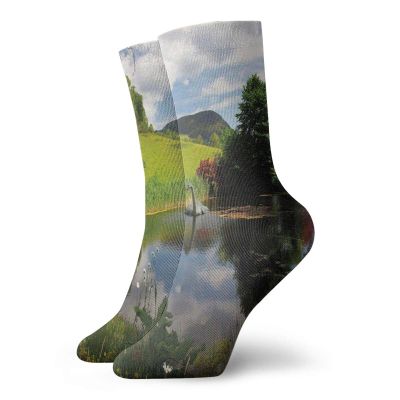 GULTMEE Nature Funky Colorful Cushion Sport Socks,Lake By Meadow In A Sunny,Athletic Cushioned Running Performance Crew Socks For Men/Women,Multicolor -12 inch