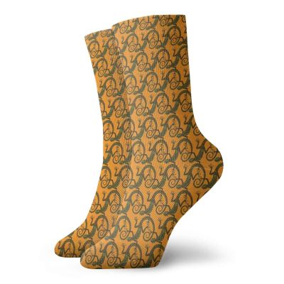 Gecko Fashion Compression Socks,Lizard With Ethnic Motifs Triangles And Circles On Warm Backdrop,Performance Polyester Cushioned Athletic Crew Socks for Running,Athletic,Green Brown Orange -12 inch