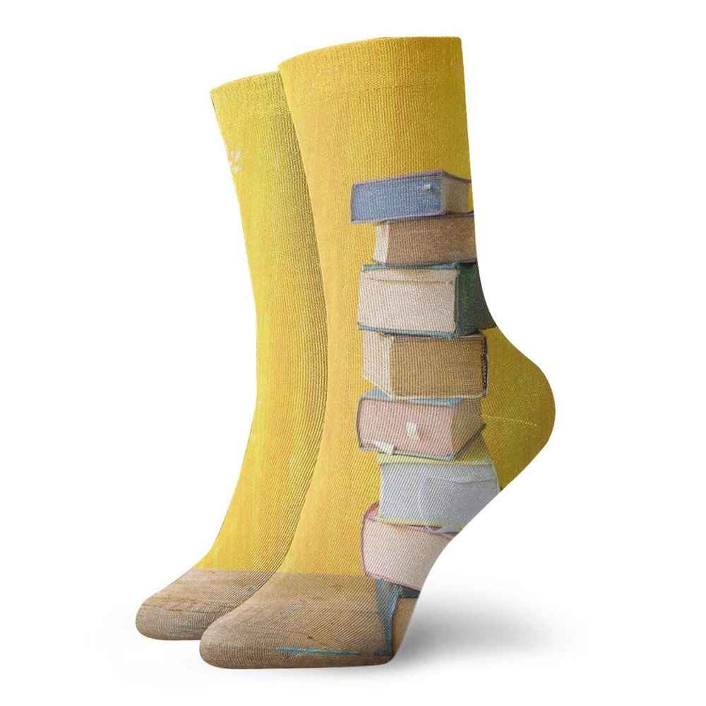 GULTMEE Books Fashion Compression Socks,Cute Minimal Photo With Stack Of,Performance Polyester Cushioned Athletic Crew Socks for Running,Athletic,Multicolor -12 inch