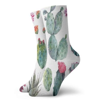 Nature Funky Colorful Cushion Sport Socks,Desert Botanic Herbal Cartoon Like Cactus Plant Flower With Spikes,Athletic Cushioned Running Performance Crew Socks For Men/Women,Green Pink -12 inch