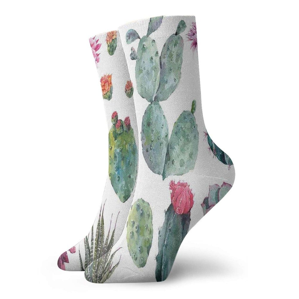 Nature Funky Colorful Cushion Sport Socks,Desert Botanic Herbal Cartoon Like Cactus Plant Flower With Spikes,Athletic Cushioned Running Performance Crew Socks For Men/Women,Green Pink -12 inch