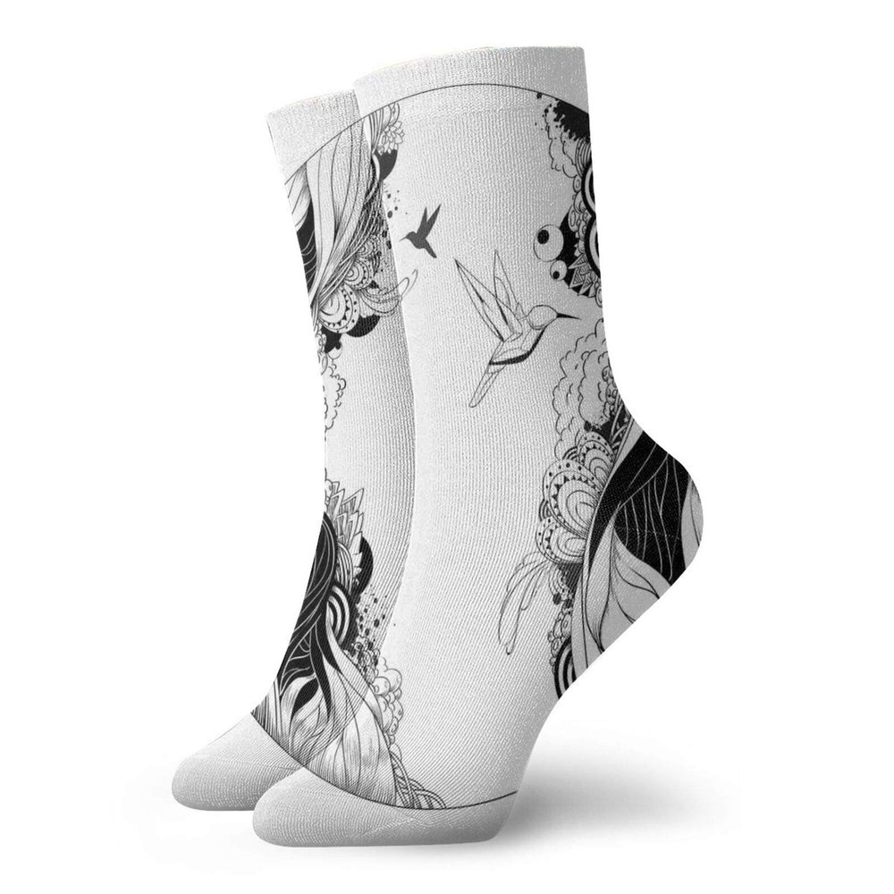 GULTMEE Black And White Funky Colorful Cushion Sport Socks,Monochrome Illustration Of Fantastic Nature Polygonal,Athletic Cushioned Running Performance Crew Socks For Men/Women,Black White -12 inch