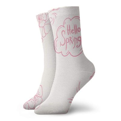 GULTMEE Almond Blossom Fashion Compression Socks,Sketch Style Flowers With Hello Spring,Performance Polyester Cushioned Athletic Crew Socks for Running,Athletic,Pink White -12 inch