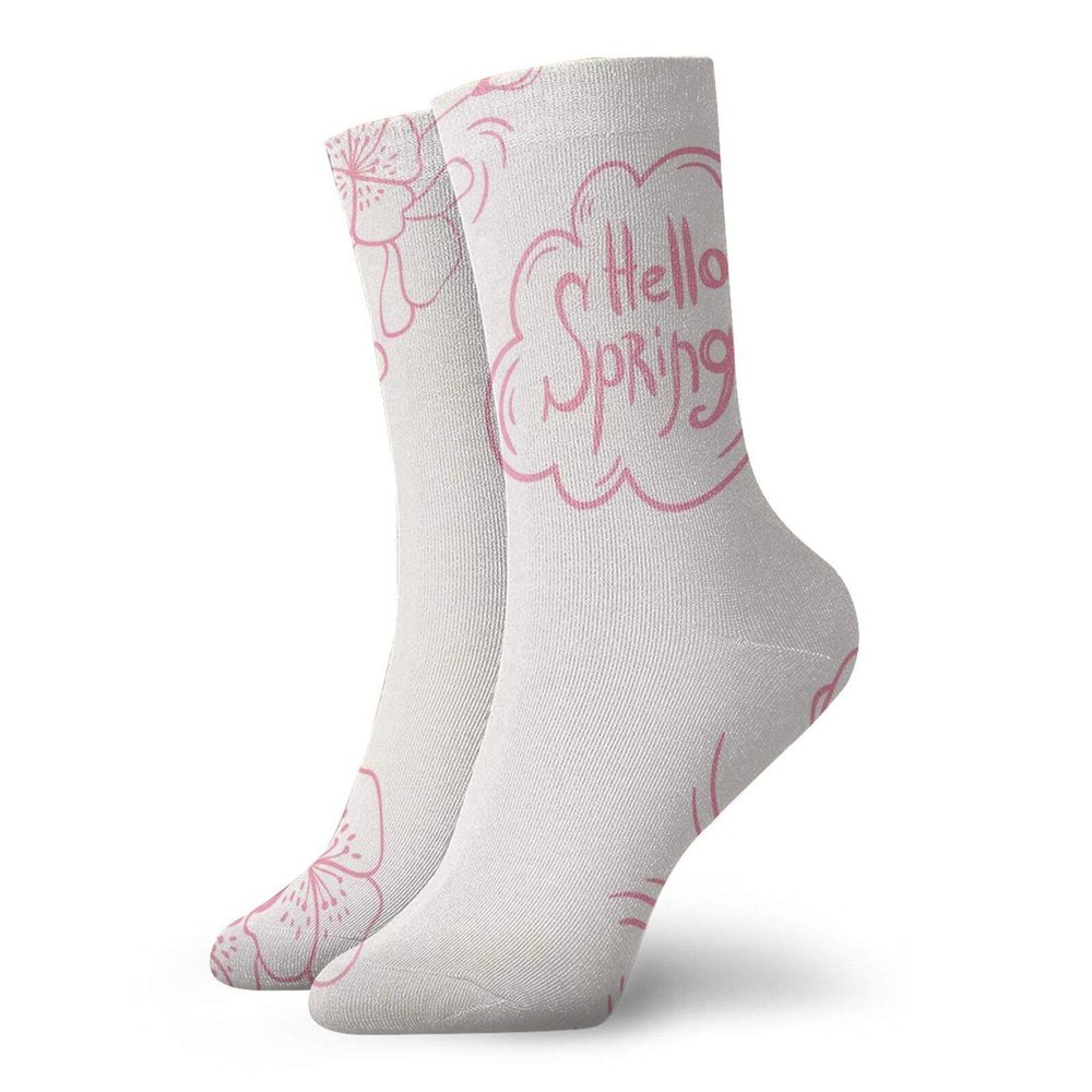 GULTMEE Almond Blossom Fashion Compression Socks,Sketch Style Flowers With Hello Spring,Performance Polyester Cushioned Athletic Crew Socks for Running,Athletic,Pink White -12 inch