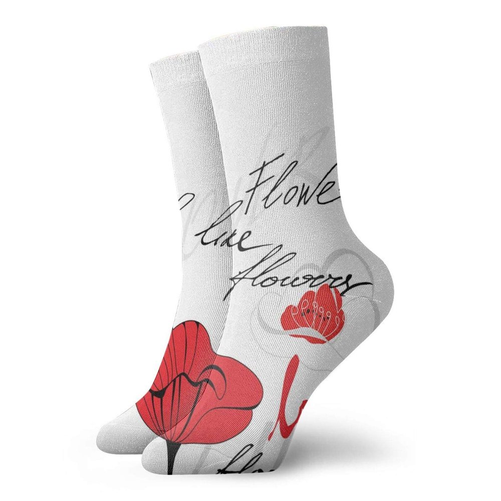 GULTMEE Poppy Fashion Compression Socks,Stylized Red Blossom With Romantic Inscription,Performance Polyester Cushioned Athletic Crew Socks for Running,Athletic,Scarlet Black Pale Grey -12 inch