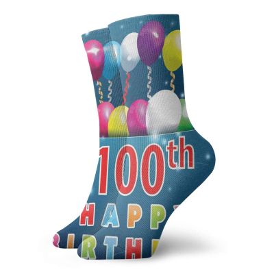 100th Birthday Fashion Compression Socks,Colorful Balloons On Star Like Dots 100 Years Birthday,Performance Polyester Cushioned Athletic Crew Socks for Running,Athletic,Blue And Dark Blue -12 inch