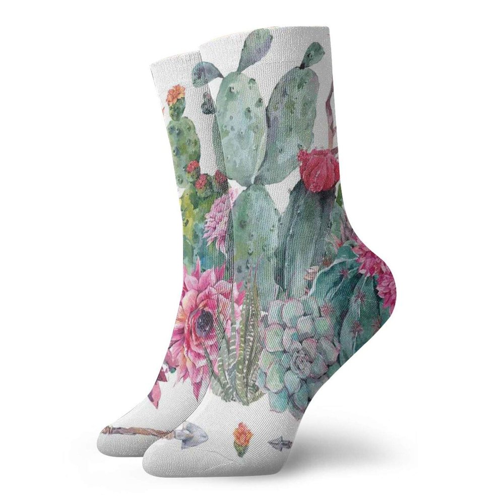 GULTMEE Cactus Fashion Compression Socks,Exotic Natural Watercolor Bouquet In Boho,Performance Polyester Cushioned Athletic Crew Socks for Running,Athletic,Multicolor -12 inch