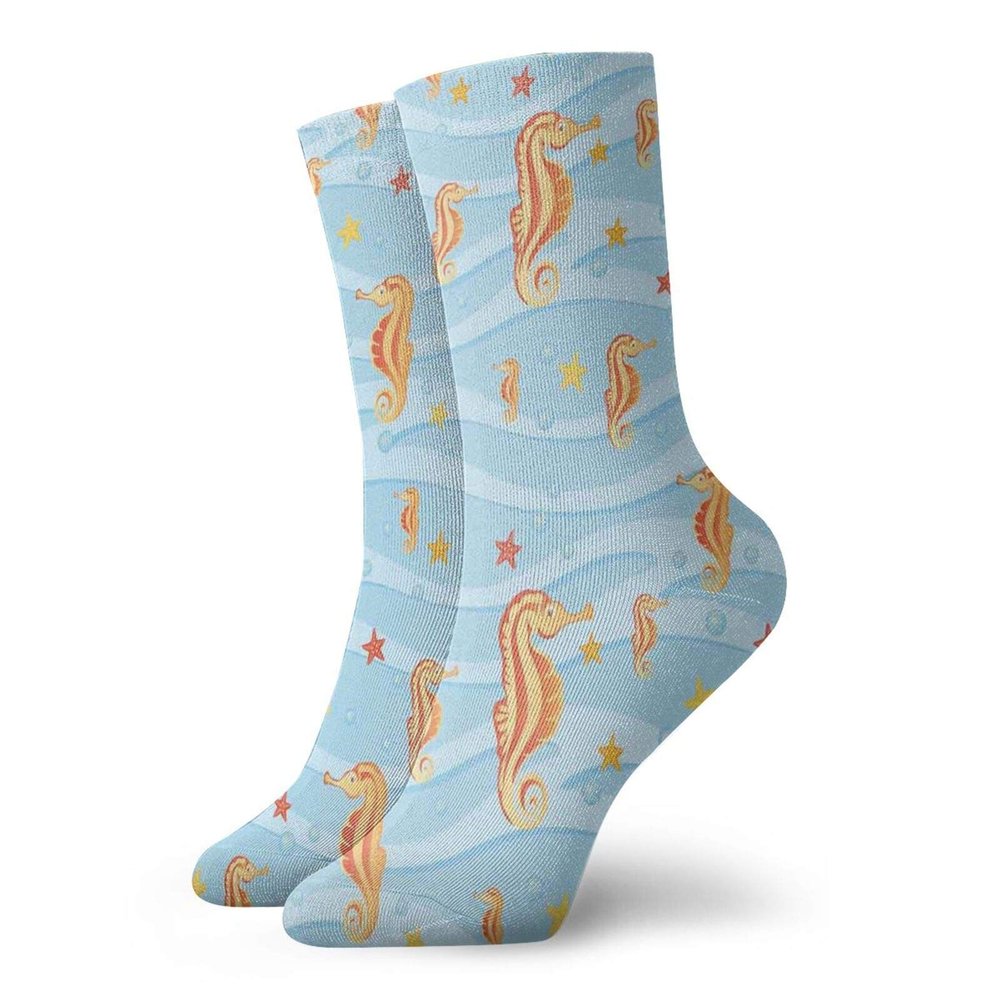 Animal Funny Compression Socks Women and Men,Water Bubbles On The Surface With Seahorse And Sea Star In Waves Coast Tropical,Best for Circulation,Running,Athletic,Nurse,Travel,Orange Blue -12 inch