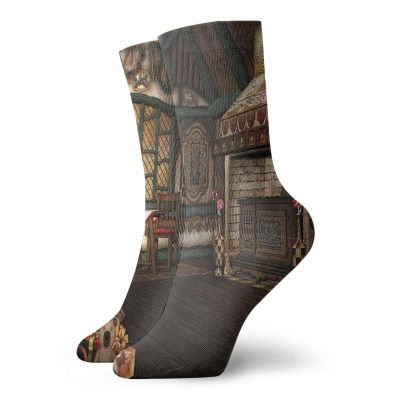 Christmas Funny Compression Socks Women and Men,Inner View Of A Xmas House Mistletoe Yuletide Winter Season Celebration Image,Best for Circulation,Running,Athletic,Nurse,Travel,Taupe Brown -12 inch