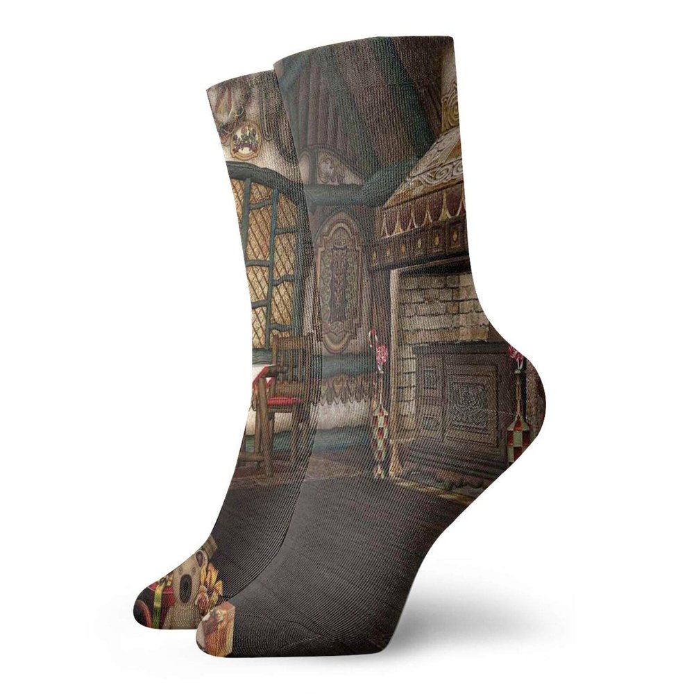 Christmas Funny Compression Socks Women and Men,Inner View Of A Xmas House Mistletoe Yuletide Winter Season Celebration Image,Best for Circulation,Running,Athletic,Nurse,Travel,Taupe Brown -12 inch