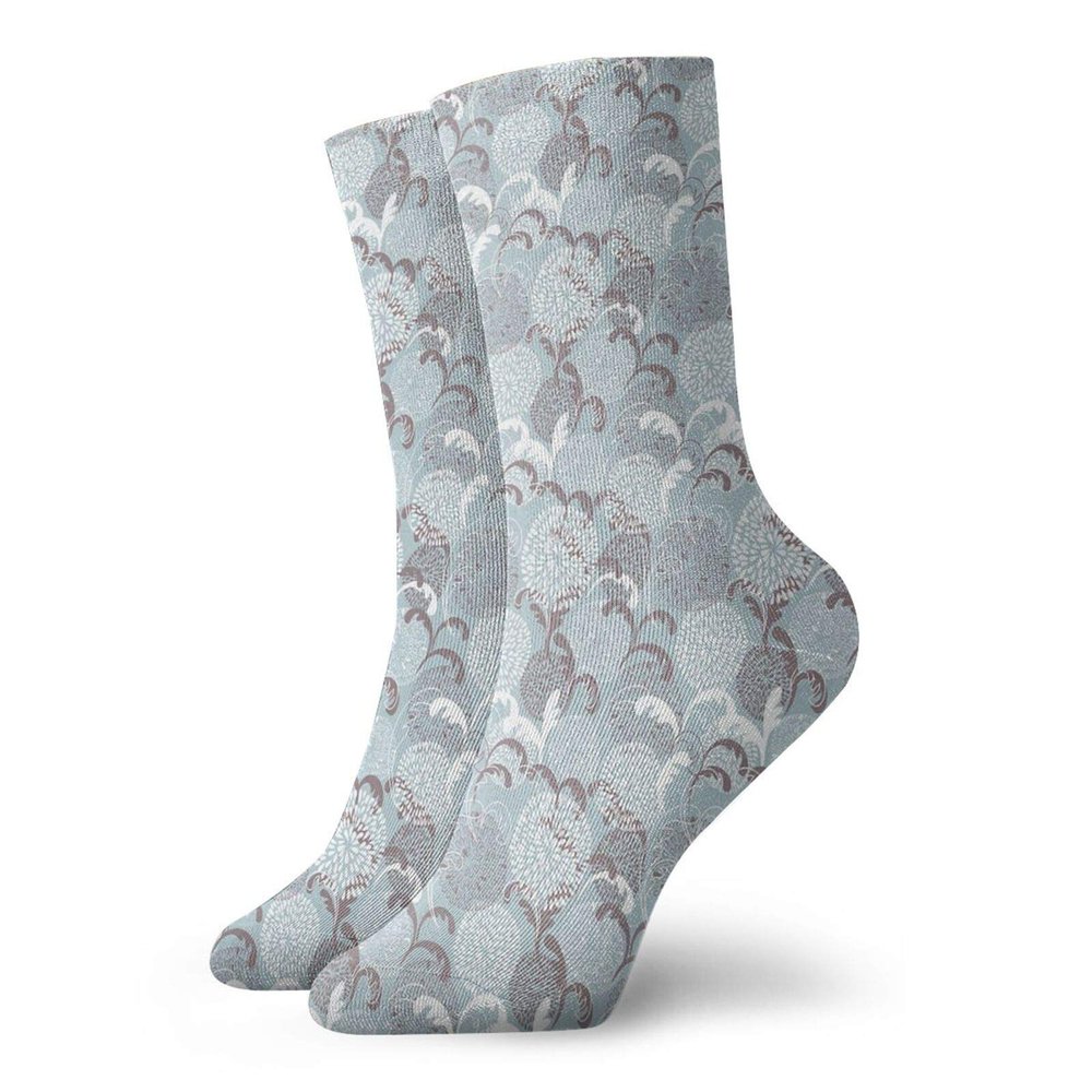 Floral Funny Compression Socks Women and Men,Soft Toned Spring Petals Ornamental Eco Shabby Chic Herbs Classic Print,Best for Circulation,Running,Athletic,Nurse,Travel,Taupe Baby Blue White -12 inch