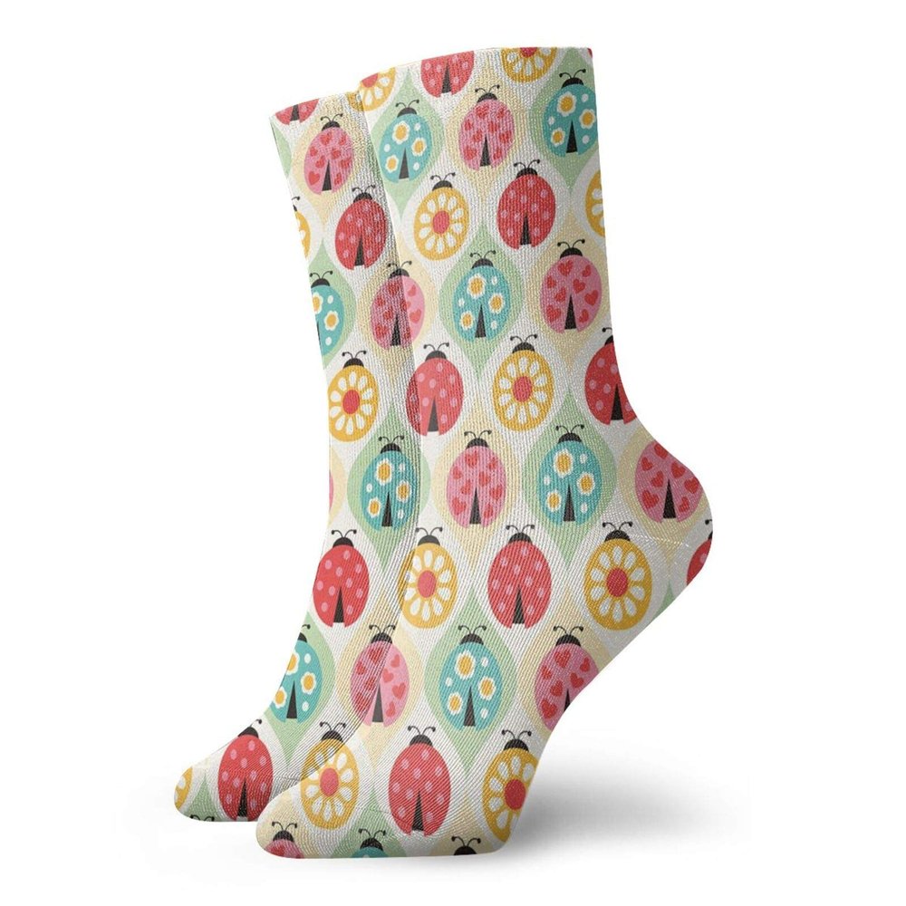 GULTMEE Retro Fashion Compression Socks,Ladybugs Cartoon With Retro Polka Dots,Performance Polyester Cushioned Athletic Crew Socks for Running,Athletic,White Black Rose -12 inch