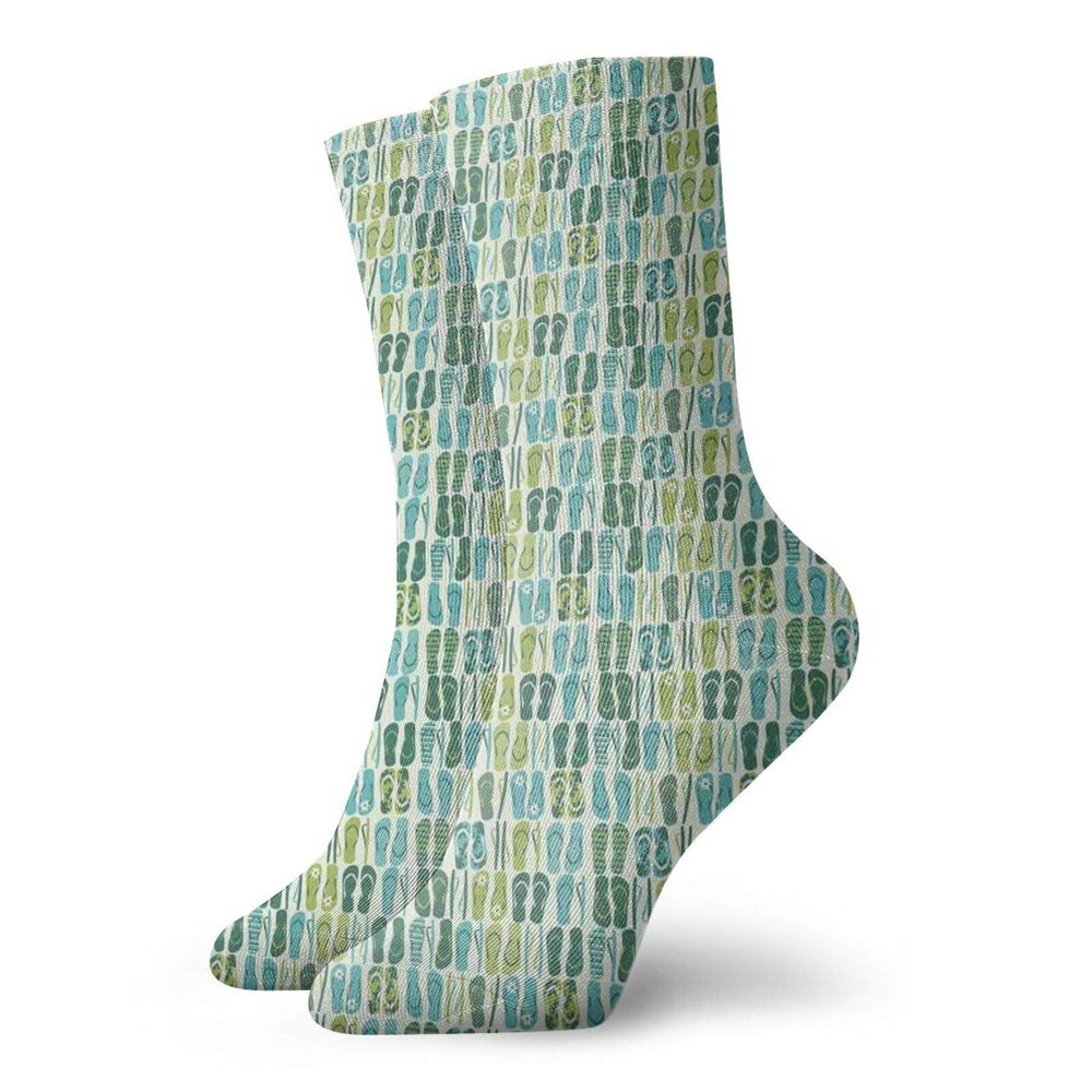 Flip Flop Funny Compression Socks Women and Men,Funky Beach Slippers Blended Aqua And Exotic Nature Colors,Best for Circulation,Running,Athletic,Nurse,Travel,Pale Green Teal And Pale Blue -12 inch