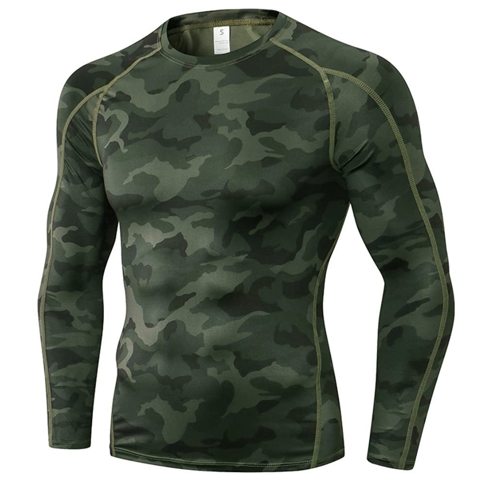Men's Compression Shirts Long Sleeve, Base-Layer Quick Dry Workout T Shirts Sports Running Tops for Gym Camo Green