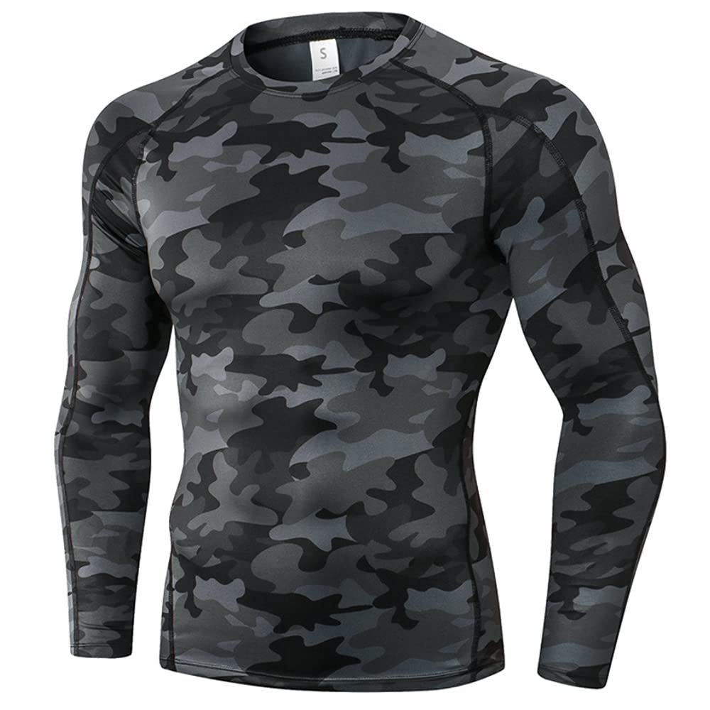 Men's Compression Shirts Long Sleeve, Base-Layer Quick Dry Workout T Shirts Sports Running Tops for Gym Camo Black
