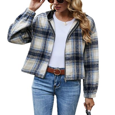 chouyatou Women's Casual Zip Up Cropped Plaid Flannel Jacket Coat Shacket with Hood (Small, Blue)