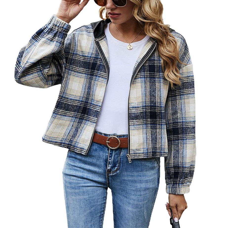 chouyatou Women's Casual Zip Up Cropped Plaid Flannel Jacket Coat Shacket with Hood (Small, Blue)