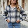 chouyatou Women's Casual Zip Up Cropped Plaid Flannel Jacket Coat Shacket with Hood (Small, Blue) view 3
