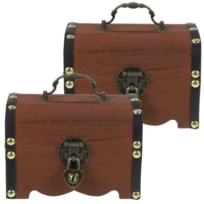 DOITOOL Vintage Treasure Chest with Lock and Key Small Wooden Piggy Bank Organizer Jewelry Storage Box for Home Office Decorative Saving Case 5.70X4.13X3.93In