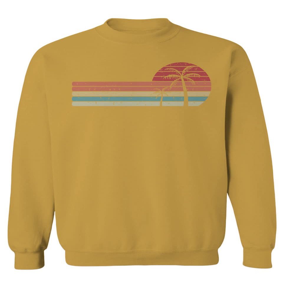 Vintage Retro Sunset Beach Graphic Palm surf Tree Vacation Tropical Summer Men's Crewneck Sweatshirt (Gold X-Large)