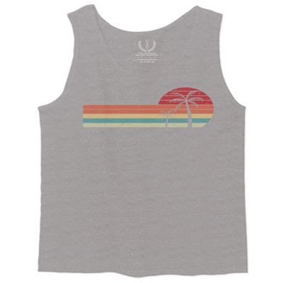Vintage Retro Sunset Beach Graphic Palm surf Tree Vacation Tropical Summer Men's Tank Top (Light Gray X-Large)