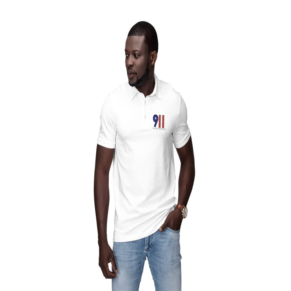 ALLNTRENDS 911 Shirt Remember Embroidered USA Flag Men's Polo T Shirt (L, White)