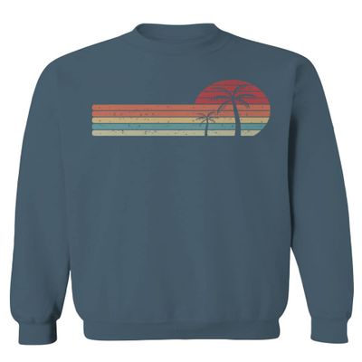 Vintage Retro Sunset Beach Graphic Palm surf Tree Vacation Tropical Summer Men's Crewneck Sweatshirt (Indigo Blue X-Large)