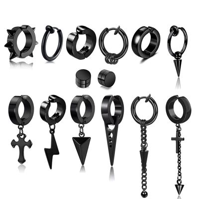 14 Pcs Black Punk Stainless Steel Fake Piercing Spike Rivet Cross Triangle Dangle Tassel Clip on Hoop Earrings Set for Women Men, Non Pierced Fake Stud Earrings (Black-Set A)