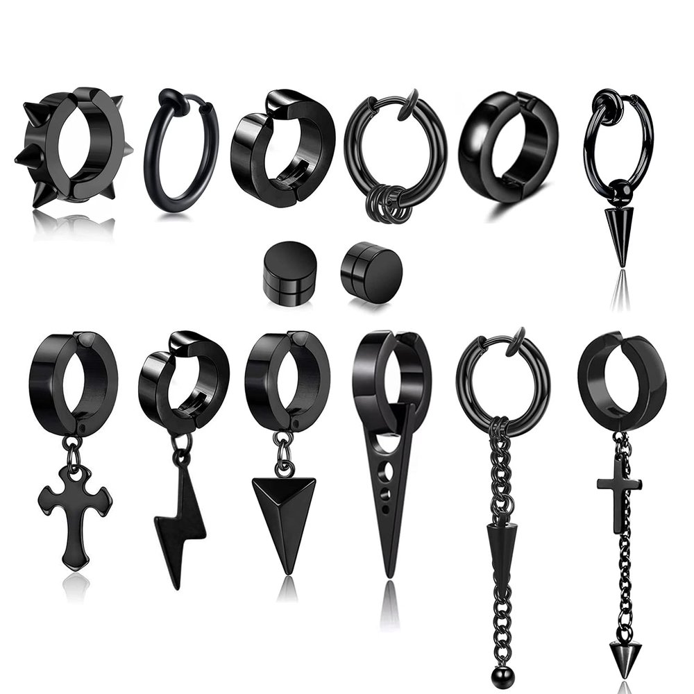 14 Pcs Black Punk Stainless Steel Fake Piercing Spike Rivet Cross Triangle Dangle Tassel Clip on Hoop Earrings Set for Women Men, Non Pierced Fake Stud Earrings (Black-Set A)
