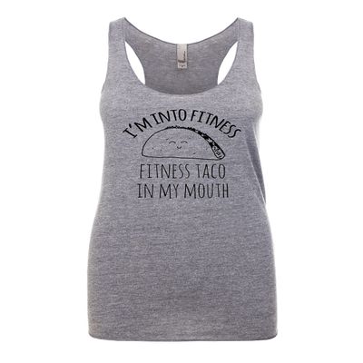 I'm Into Fitness - Fitness Taco In My Mouth, Women's Graphic Racerback Tank Top by Moonlight Makers, Funny Gift for Her, Shirts with Sayings, Yoga Tee (L, Heather Gray)