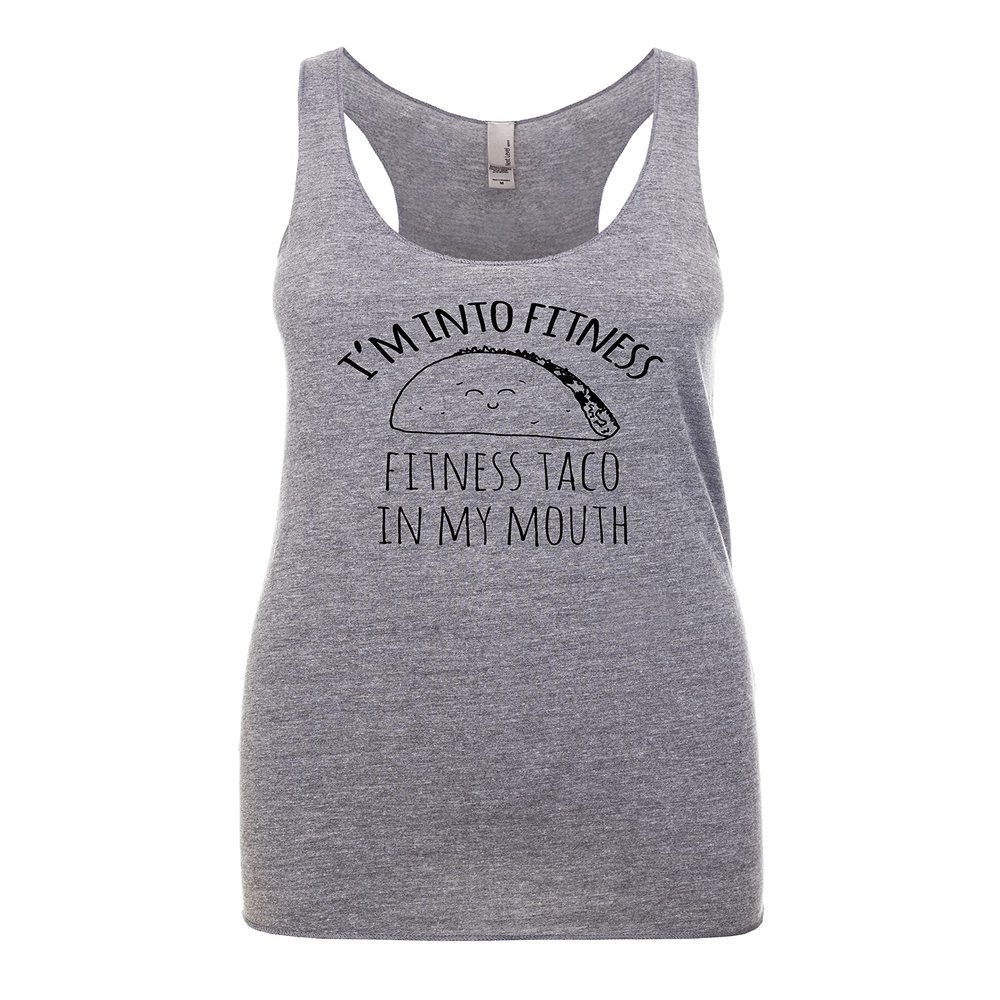 I'm Into Fitness - Fitness Taco In My Mouth, Women's Graphic Racerback Tank Top by Moonlight Makers, Funny Gift for Her, Shirts with Sayings, Yoga Tee (L, Heather Gray)