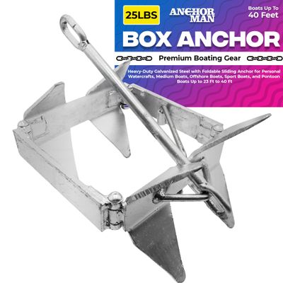 Anchor-Man Box Anchor for Boats, Heavy-Duty Galvanized Steel Folding Pontoon Boat Anchor, Suitable for Offshore, Sport and Fishing Boats, 25 Lbs