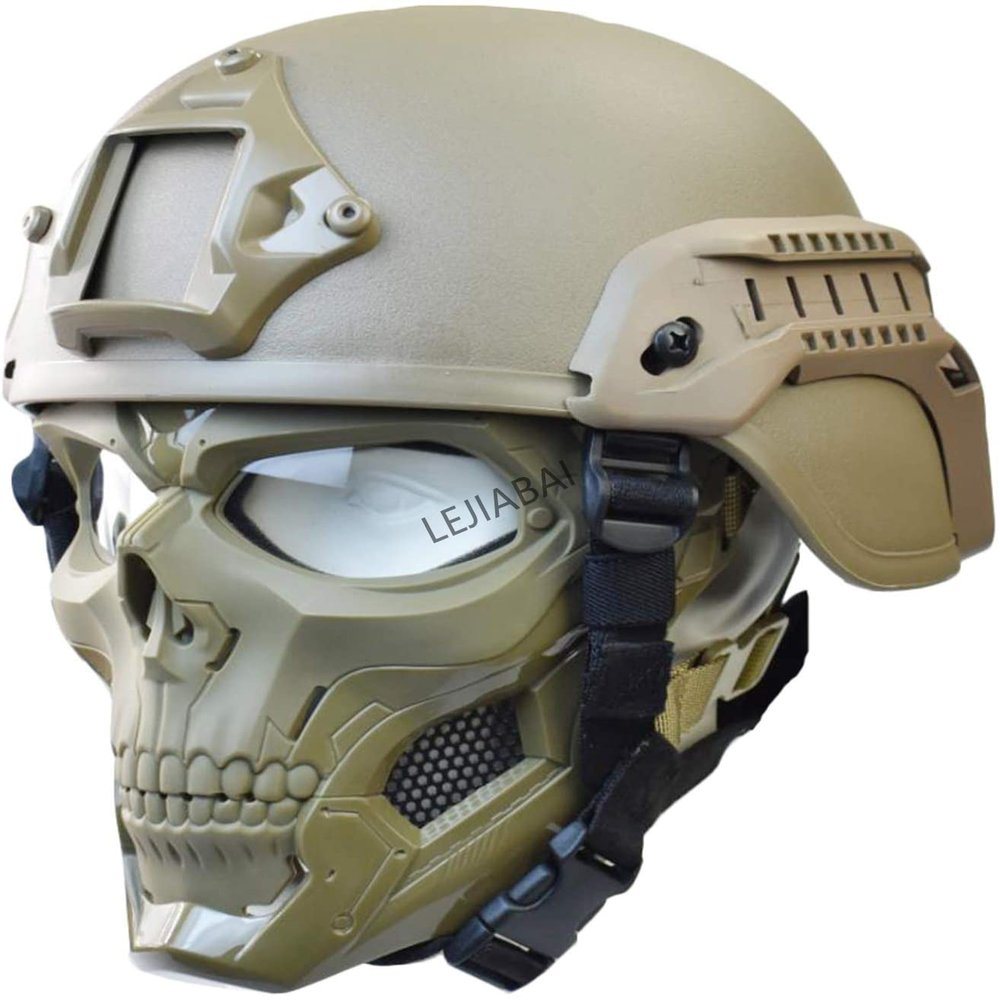 NC PJ Tactical Fast Helmet and Adjustable Airsoft Mask Skull Full Face MaskSuitable for Airsoft Paintball, Halloween, Role-Playing, Costume Parties and Movie Props, Khaki, 21.2-23''