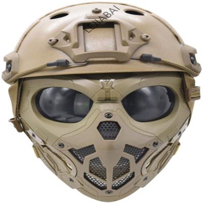 PJ Tactical Fast Helmet and Adjustable Airsoft Mask Skull Full Face MaskSuitable for Airsoft Paintball, Halloween, Role-Playing, Costume Parties and Movie Props, TAN, 21.2-23 in