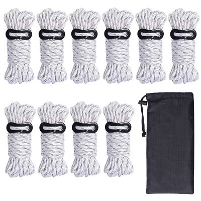 Hikeman 10 Pack 4mm Camping Rope Reflective Outdoor Guy Lines with Aluminum Guyline Adjuster Tensioners Nylon Tent Tie Downs for Hiking Backpacking Tarp,Canopy Shelter (White)