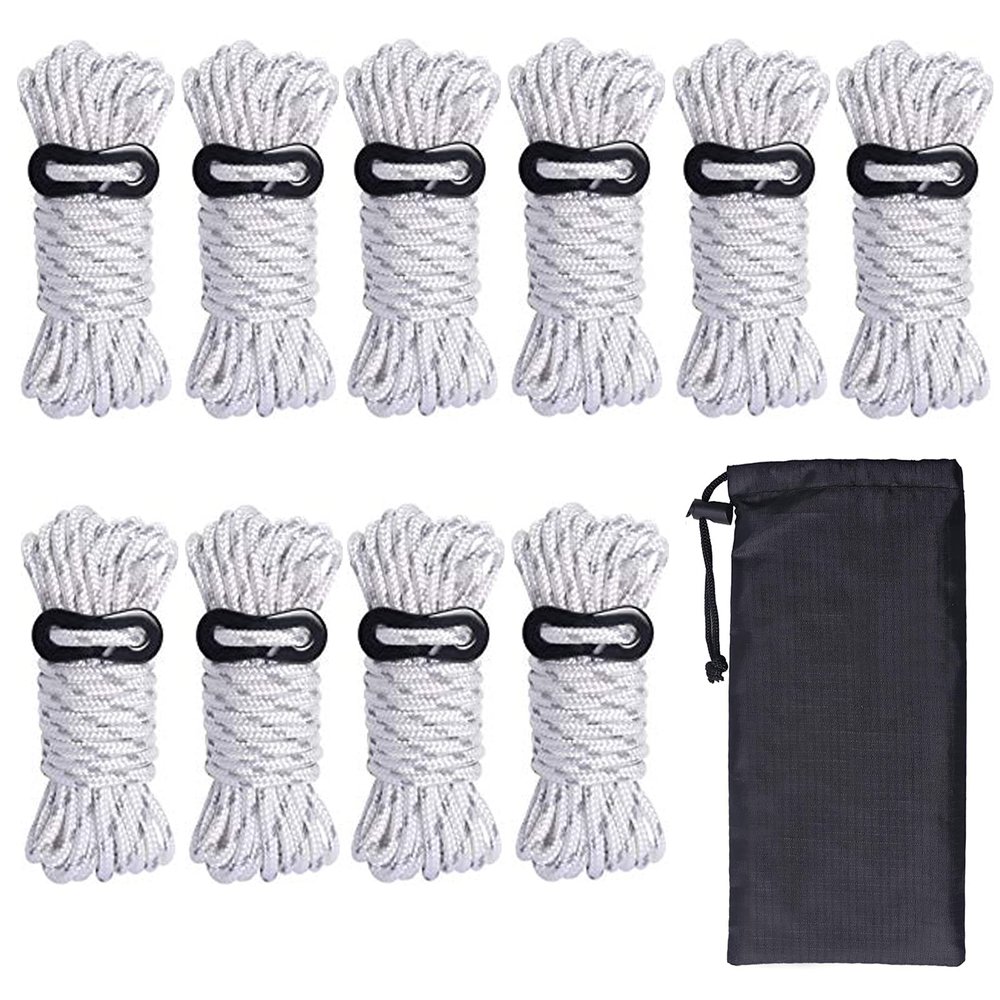 Hikeman 10 Pack 4mm Camping Rope Reflective Outdoor Guy Lines with Aluminum Guyline Adjuster Tensioners Nylon Tent Tie Downs for Hiking Backpacking Tarp,Canopy Shelter (White)