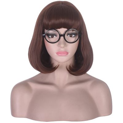 morvally Short Brown Bob Wig with Bangs for Cosplay Costume Hallaween Party Including Glasses (Brown)