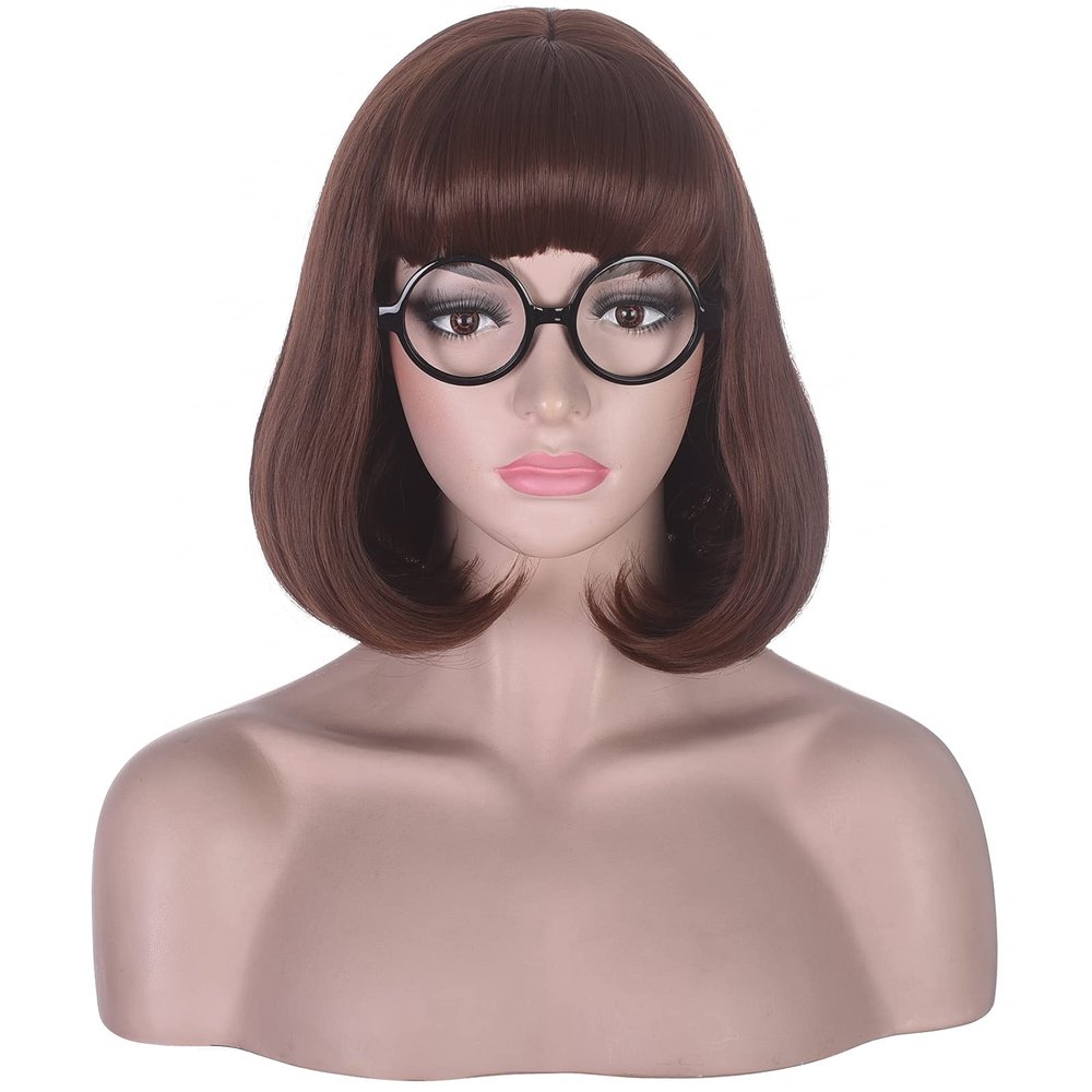 morvally Short Brown Bob Wig with Bangs for Cosplay Costume Hallaween Party Including Glasses (Brown)