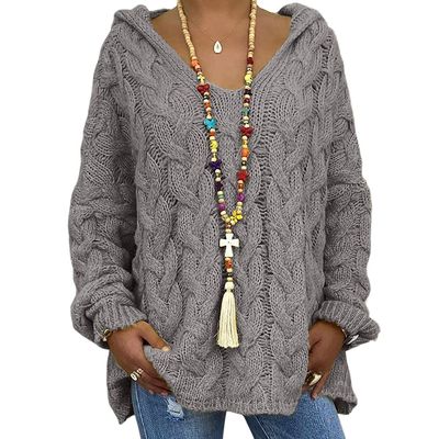 Womens Twist Knit Sweaters Long Sleeve Hoodie V Neck Pullover Sweater Loose Casual Tops S-3XL with 1pcs Chiffon Scarf