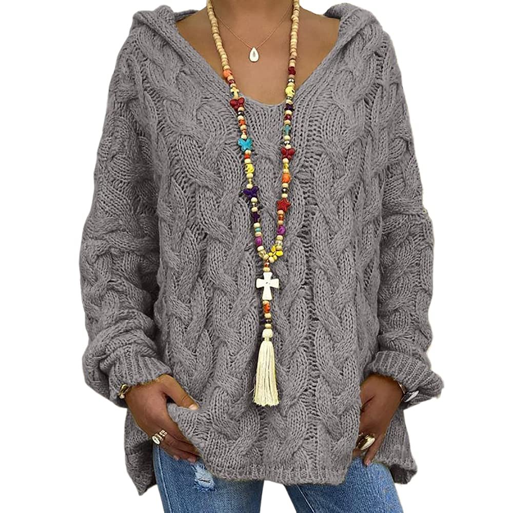 Womens Twist Knit Sweaters Long Sleeve Hoodie V Neck Pullover Sweater Loose Casual Tops S-3XL with 1pcs Chiffon Scarf