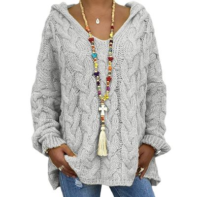 Womens Twist Knit Sweaters Long Sleeve Hoodie V Neck Pullover Sweater Loose Casual Tops S-3XL with 1pcs Chiffon Scarf